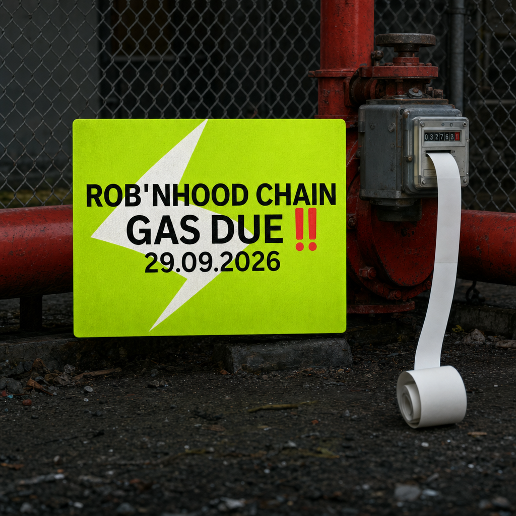 A lime GASDUE sign leaning on a rusty gas meter spooling out a paper receipt